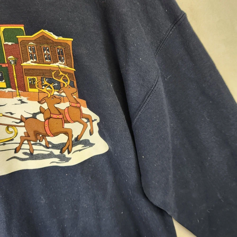 Gildan Vintage Y2K Christmas Snowman Reindeer Sleigh Navy Sweatshirt Mens Large - Picture 3 of 7